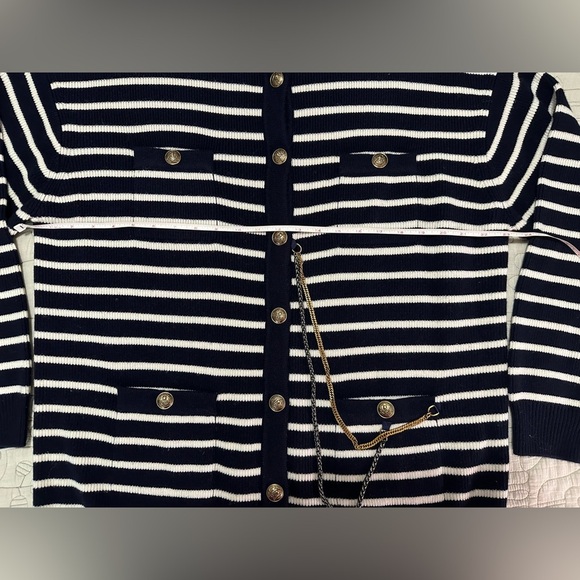 NWT The Kooples Striped Wool Cardigan Size 2 M Navy Cream Chain Oversized - Picture 13 of 14